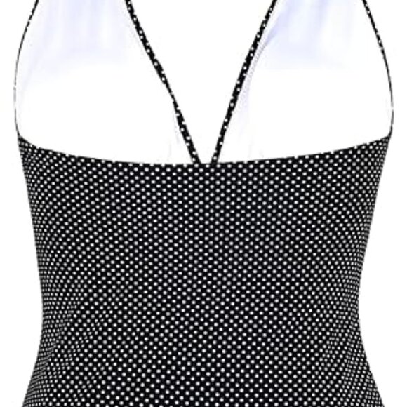 NWT Plunging V Neck Halter Shirred Tankini Swim Top Polka Dot 18 - Picture 4 of 10